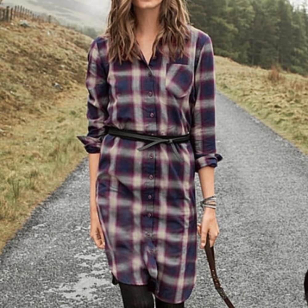 Garnet Hill Organic Pima Cotton Plaid Flannel Shirt Dress Navy Purple 4